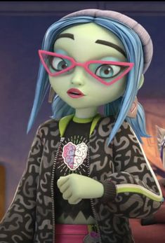 an animated character with blue hair and glasses