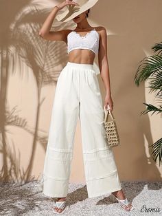 Eromis - Premium Solid High Waist Pants: Stylish Wide Leg Full-Length Trousers for Womens Fashion Enthusiasts White High-waisted Cotton Wide Leg Pants, White Wide-leg Vacation Pants, Relaxed White Wide-leg Bottoms, White Wide-leg Pants For The Beach, White High-waisted Wide Leg Beach Pants, Ruffle Pattern, Fall Care, Elegant Fabric, High Waist Pants