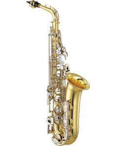 a gold saxophone is shown against a white background