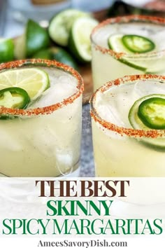 the best skinnyy spicy margaritas with jalapenos and lime on top