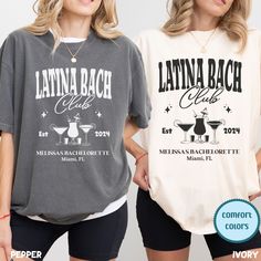 Latina Bach Club T Shirt HOW TO ORDER  -Choose Your Color  -Choose Your Size  -Click Add To Cart ➤For multiple items you can adjust the QUANTITY once the item is in your cart.  PRODUCTION and SHIPPING Processing is 1-3 days. (without weekends and holidays) First Class Shipping is 4-6days(after processing time). -PLEASE MAKE SURE YOU HAVE READ AND UNDERSTAND THE DESCRIPTION FULLY BEFORE PLACING AN ORDER- 🚫WE DO NOT ACCEPT EXCHANGES, RETURNS, OR CANCELLATIONS🚫 Designs are printed DIRECT-TO-GARMENT by a reliable printing company in the USA. 🇺🇸 Machine wash: cold (max 30C or 90F); Do not bleach; Tumble dry: low heat; Iron, steam or dry: low heat; Do not dryclean. Fitted Crew Neck Shirt For Bachelorette Party, Fitted Party Shirt With Letter Print, White Fitted Shirt For Bachelorette Party, Fitted Crew Neck Party Shirt, Fitted Crew Neck Shirt For Party, Fitted Graphic Print Top For Bachelorette Party, Spanish Bride, Bachelorette Miami, Wife Of The Party