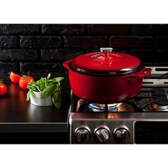 a red pot sitting on top of a stove next to some tomatoes and other vegetables