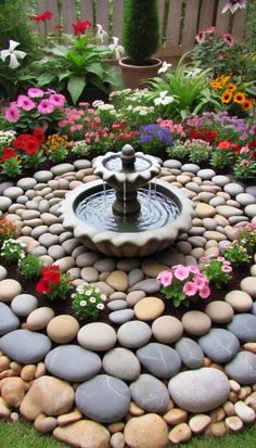 a fountain surrounded by rocks and flowers in a garden