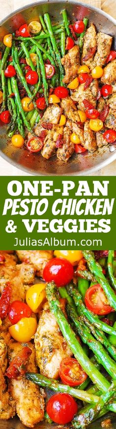 one pan pesto chicken and veggies with tomatoes, asparagus and green beans