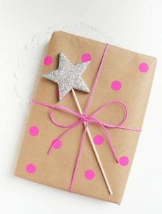 an image of a gift wrapped in brown paper with pink polka dots and a star on top