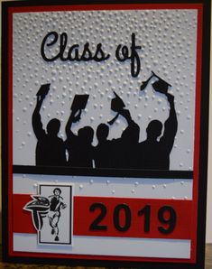 a graduation card with the words class of 2019 and silhouettes of people holding diplomas