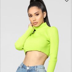 Brand New Never Worn Trendy Green Crop Top For Fall, Green Cropped Sweater For Spring, Lime Green Sweater, Neon Outfits, Plaid Crop Top, Denim Crop Top, Fashion Nova Models, Sweater Crop, Fashion Nova Tops