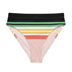 Vintage Hawaii Stripe bikini bottoms - retro stripe on a high-waisted bikini bottom. Comfortable, high-waisted, and double-layered—perfect for a beach day, paddleboard sesh or just chilling by the pool. Eco and style-conscious, this bikini bottom is made with recycled materials. • Fabric composition: 81% REPREVE recycled polyester, 19% LYCRA XTRALIFE • Fabric weight 7.52 oz • Double-layered and non-reversible • Tear-away care label • Zig-zag stitching Size guide WAIST HIPS XS (inches) 25 ¼ 35 ⅜ Beachy Multicolor Bottoms For Beachwear, Beachy Multicolor Bottoms For Sunbathing, Beach Stretch Striped Bottoms, Striped Summer Bottoms For Sunbathing, Striped Bottoms For Sunbathing In Summer, Retro High Waist Swimwear For Pool, Retro High-waisted Pool Bottoms, Retro High-waist Swimwear For Pool, Retro High Waist Swimwear For Vacation