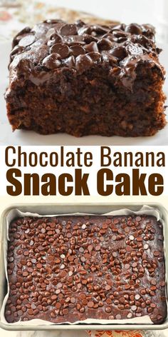 chocolate banana snack cake in a pan with the words, chocolate banana snack cake above it