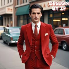 a man in a red suit is standing on the street