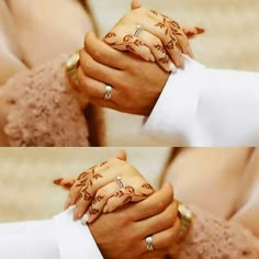 two pictures of hands with henna tattoos on their fingers, one holding the other's hand