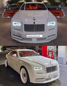 two pictures of the front and side of a white car