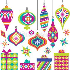 christmas ornaments and gifts hanging from strings on a white background with snowflakes