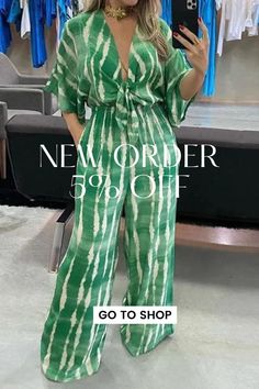 Women's Fashion Dolman Sleeve V Neck Tie Print Loose Wide Leg Casual Jumpsuit Green V-neck Beach Sets, Spring V-neck Non-stretch Sets, Non-stretch V-neck Sets For Spring, Chic Green Printed Jumpsuits And Rompers, Spring V-neck Printed Sets, Green V-neck Spring Sets, Spring Green V-neck Sets, Green Short Sleeve Jumpsuits And Rompers For Summer, Jumpsuit Fitted