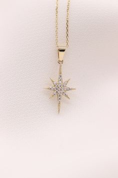 "14k 18k Gold North Star Necklace / Handmade North Star Necklace / Gold North Star Necklace Available in Gold, Rose Gold, White Gold ❥ ITEM DETAILS ---> Gold Color of Choice : Yellow Gold, Rose Gold, White Gold ---> Material : 14k ( 585 ) or 18k ( 750 ) Real Gold. It is Not Gold Filled or Gold Plated ---> Made to order ---> Closure: Spring Ring ---> Adjustable Chain is Optional ---> Ship in 3- 5 Business Days ---> Length of Chain 14 inches - 20 inches ---> Bail Size: 6 mm Celestial 14k Gold Necklace With Star Charm, 14k Gold Star-shaped Necklace For Anniversary, 14k White Gold Star Necklace, Celestial Star-shaped Yellow Gold Necklace, Celestial Star Yellow Gold Necklace, Celestial Yellow Gold Star Necklace, Yellow Gold Star Necklace Gift, 14k Gold Star Necklace For Gift, 14k Gold Star Necklace As Gift