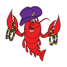 a cartoon red lobster wearing a purple hat and beaded necklaces with beads around it's neck