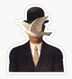 a man in a suit and tie with a bird on his head sticker is shown