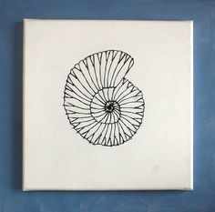 a black and white drawing of a shell on a blue background in a square frame