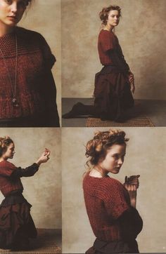 four pictures of a woman wearing a red sweater and black dress, sitting on the floor