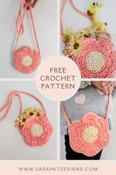 the crochet purse is made with yarn and has flowers on it, as well as