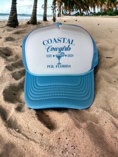 Cowgirl Trucker hats. Cowgirl Bachelorette Party favors The colors can be chosen at checkout! Brim and Mesh hat will feature the chosen color. Adjustable 6 panel features an adjustable plastic strap!  One size fits most! No returns or exchanges But please contact me if you have any problems with your order! Fun Blue Hats For Beach Season, Fun Blue Hat For Beach Season, Blue Fun Hat For Beach Season, Blue Mini Hats As Gifts For Summer, Blue Mini Hats As Summer Gifts, Novelty Adjustable Mini Hats For Beach, Adjustable Novelty Mini Hats For The Beach, Beach Novelty Mini Hat With Curved Brim, Novelty White Beach Hat