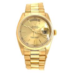 In rich eighteen karat 18K yellow gold, enjoy this iconic Rolex President 3055 Oyster Perpetual Day Date 36mm Men's Luxury Wrist Watch Model 18038. Circa 1983, this iconic style by Rolex style was worn by many of the influential movers and shakers of the period. This sophisticated timepiece, with champagne face, tritium hands, lumen dots, black chapter ring, fluted bezel and scratch resistant sapphire crystal is powered by a Swiss automatic movement 0642199. The signature Rolex 18 karat gold Pre Bracelet Box, Oyster Perpetual, Mens Luxury, Watch Model, Wristwatch Men, Time Piece, Rolex, Wrist Watch, Jewelry Watches