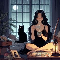 a woman sitting on a bed holding a cup with a black cat next to her