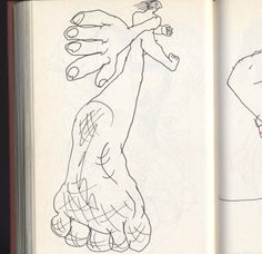 an open book with drawings of hands and fingers on the pages, in which one hand is holding another hand