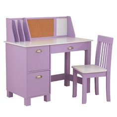 a purple desk and chair with a corkboard on top