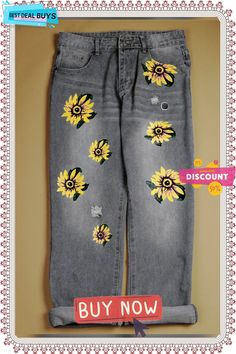 Casual Denim Printed Jeans Gray Wide Leg Jeans For Summer, Gray Denim Pants For Spring, Casual Yellow Jeans For Summer, Casual Yellow Summer Jeans, Gray Non-stretch Jeans For Summer, Non-stretch Gray Jeans For Summer, Casual Yellow Denim Jeans, Gray Jeans For Spring, Trendy Gray Summer Jeans