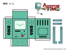 the paper model of adventure time is shown in green and blue colors, with an image of