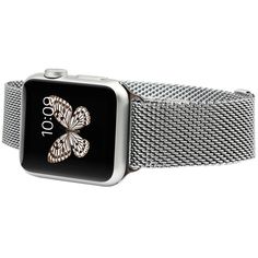 an apple watch with a butterfly on it's face and silver mesh bracelet strap