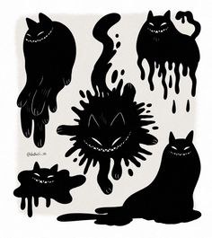 black and white drawing of cats with spooky eyes