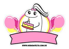 a cartoon unicorn holding a piece of cake with balloons around it and a pink ribbon