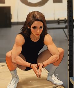 a digital painting of a woman squatting on the ground