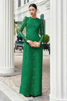 Lumina Straight Stone Silk Lace Floor Length Ao Dai | MEAN BLVD Types Of Lace, Pink Ivory, Stylish Pants, Silk Lace, Green Rose, Floor Length Dresses, Peach Pink, Ivory White, First Lady