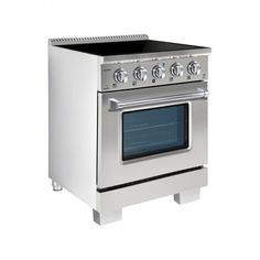 a stainless steel oven with two burners and one door on the right side, in front of a white background