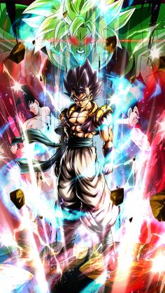 the dragon ball character is surrounded by yellow and green lightenings, as well as his