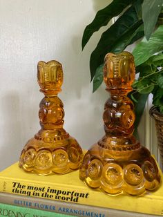 two glass candlesticks sitting on top of a yellow book next to a potted plant