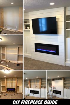 multiple pictures of the inside of a house with fire place and built - in entertainment center