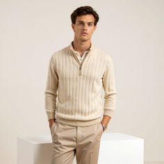 Elevate your wardrobe with BLENIN’s sophisticated Cotton Sweater, a must-have for the modern man who embraces the elegance of Old Money fashion. Crafted with luxurious cotton and a subtle ribbed texture, this sweater offers both comfort and style. The quarter-zip collar adds a refined touch, while the neutral beige color ensures versatility and timeless appeal. Pair it with tailored pants for a polished look that exudes understated luxury. Quiet Luxury Style, Old Money Fashion, Money Fashion, Zipper Sweater, Zip Collar, Sweater For Men, Understated Luxury, Zippered Sweater