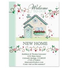 a new home card with a house and flowers on the front, and a welcome sign in