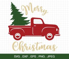 an old red truck with a christmas tree on the back and merry christmas svg dxf file