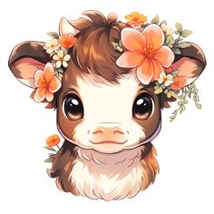 Cute Kawaii Cottagecore Baby Cow in Summer Flowers in Rustic Colors Sticker Cute Cow Pictures Cartoon, Cute Illustration Stickers, Cute Whimsical Drawings, Animals With Flowers Drawing, Kawaii Farm Animals, Cute Cow Design, Cute Cow Drawing Cartoons, Cute Clipart Aesthetic