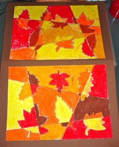 two pieces of paper with leaves painted on them