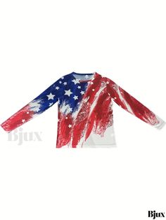 Bjux - Womens Flag Print Crew Neck T-Shirt: Versatile Long Sleeve Casual Top for Spring & Fall Fashion Casual Top, Long Sleeve Casual, Spring And Fall, Long Length, Fall Fashion, Casual Tops, Types Of Printing, Neck T Shirt, Collar Styles