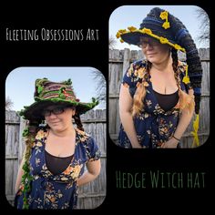 two pictures of a woman wearing a hat with flowers on it and the caption reads, felting expressions art hedge witch