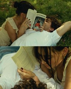 two people laying in the grass reading books together and one person lying on the ground