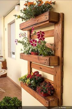 three wooden shelves holding plants and flowers on the side of a wall in front of a window