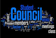 the word student council is shown in blue and black text on a black background with other words surrounding it